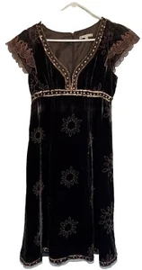 NWOT Nanette Lepore Vintage Brown Velour Velvet Embroidered Sequin Fall Dress 4 - Picture 1 of 14