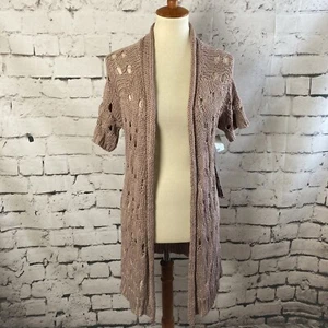 Fylo Sweater Womens Size Small Open Knit Pink Cardigan Boho Short Sleeve Midi - Picture 1 of 7