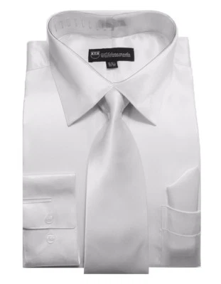 Men's Shiny Silky Satin Solid Dress Shirt w/ Tie and Hanky Set 08 - Image 1 of 4
