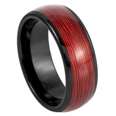 Tungstun Ring Band Domed Black IP Plated Rolled Red Wire Inlay For Men & Women - Image 1 of 4