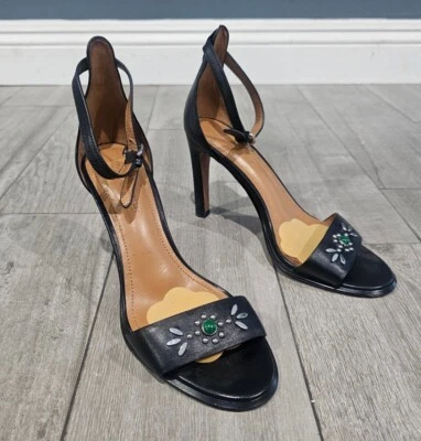 COACH Black Lether Embellished Ankle Strap Open Toe Stiletto Sandals 7.5B - Image 1 of 4