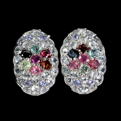 925 Orecchini Argento Sterling Rotondo Tormalina Acquamarina Tanzanite Gemma - Immagine 1 di 4