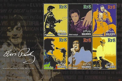 Hoja de 6 estampillas de recuerdo de Elvis Presley RF8 Maldivas 2008 4176 Rock n Roll Foto 1 de 4