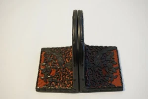 Pair Chinese Antique Cinnabar Lacquer Scenic Bookends - Picture 1 of 11