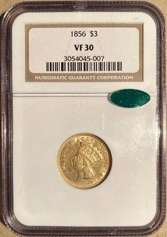 1856 NGC & CAC VF30 Three Dollar Gold Piece $3 Cover