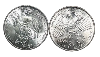 1976 D GERMANY  5 MARK Von Grimmelshausen 0.625 SILVER COIN KM#144 - Image 1 of 4