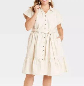 Ava & Viv Women's Short Sleeve Denim Tiered Midi A-Line Dress Cream Size 2X - Picture 1 of 10