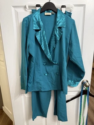 Conjunto de terno lounge vintage Victoria’s Secret cetim azul-petróleo peito duplo pequeno - Imagem 1 de 4