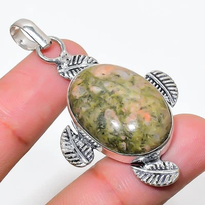 Unakite Gemma Fatto a Mano 925 Argento Sterling Ciondolo Gioielli 5.5cm - Immagine 1 di 4