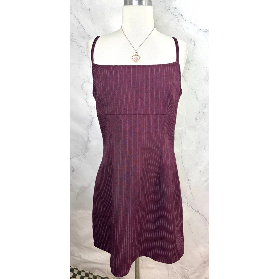 Y2K Mini Babydoll Dress vtg 90s XL zip Burgundy Whimsigoth Grunge 00s Pinstriped - Image 1 of 4