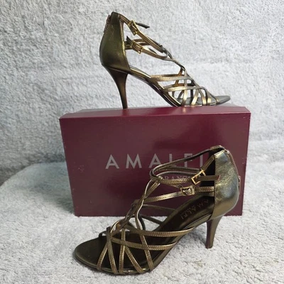 Amalfi by Rangoni Bronze Italian Leather Gold Strappy Stiletto Heels 7.5N NEW - Image 1 of 4