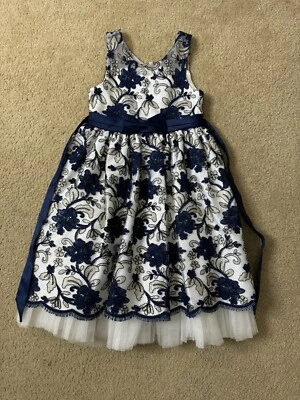 American Princess Blue And Cream Dress for Girls, Sleeveless And Belted. - Image 1 of 4