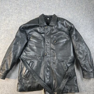 J&A Gold Leather Black Leather Jacket Men’s Medium Belted Faux Fur Lined Moto - Picture 1 of 14