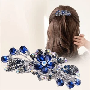 Crystal Floral Hair Clasp Rhinestone Hair Barrette for Bridal Headpieces Blue - Picture 1 of 4