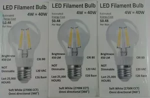 NEW 3-Count LED Filament 40W Replacement Bulbs, 450 Lumens (a19) FREE SHIPPING - Picture 1 of 3