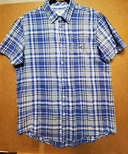 Report Collection Resort Mens Short Sleeve Button Shirt Large Blue Plaid Linen - Picture 1 of 11