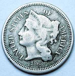 1868 Philadelphia Mint Three Cent Nickel Coin - Picture 1 of 2