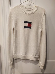 Tommy Hilfiger Sweater Womens Medium White with Red White & Blue Logo 0239 - Picture 1 of 4