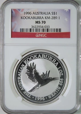 1996 Australia Kookaburra 1oz .999 Silver $1 Coin KM-289.1 NGC MS70 - Image 1 of 4