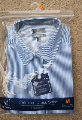 Mens George Blue Stripe Button Up Shirt Stretch Collar Wrinkle Resistant Medium - Image 1 of 4