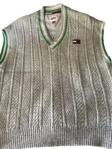 Tommy Hilfiger Embroidered Sweater Vest Mens Medium Striped Cable Knit Y2K Gray - Picture 1 of 12
