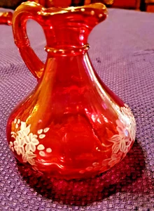 Cranberry Glass Pitcher Hand Painted Flowers by I. Wilson; 4 1/2" SIGNED & DATED - Picture 1 of 9