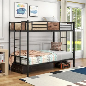 Twin Over Twin Metal Bunk Bed Heavy Duty Metal Bunk Bed Frame with Ladder Black - Picture 1 of 9