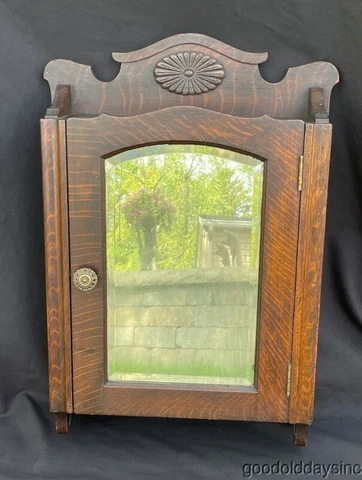 Antique Carved Oak Medicine Cabinet w/ Beveled Glass Mirror Circa 1910 Cover