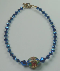 Fußkettchen Mitternachtsblau Kristall & Blume Cloisonne Handarbeit Fuß Knöchel Schmuck - Bild 1 von 1