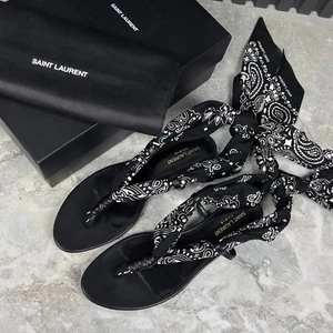 Saint Laurent Dalas Bandana-Print Open Sandals Black Fabric 10 US or 40 EUR - Bild 1 von 13