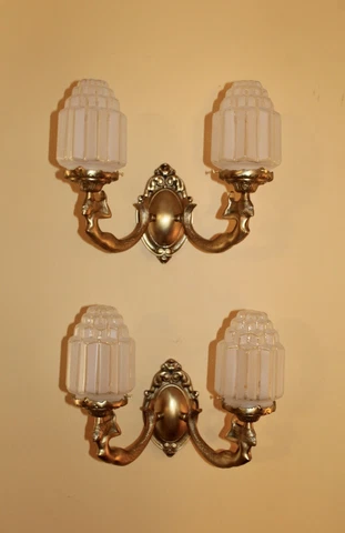 Pair Of Art Deco bronze wall lights w/ MERMAID SCULPTURES Hand made Cover