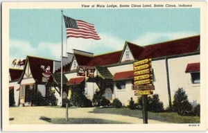 Postal de colección Main Lodge SANTA CLAUS LAND Indiana Roadside Navidad década de 1940 - Imagen 1 de 2