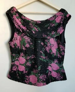 Top senza maniche Andretta Donatello nero perline rosa rosa collo drappeggiato zip taglia XL - Foto 1 di 8