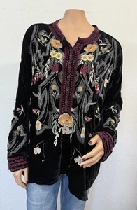BIYA Johnny Was L Jessabella Velvet Prairie Blouse Black With Embroidery READ* - Picture 1 of 13