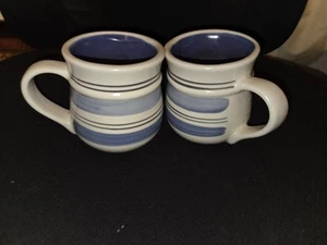 Vintage Pfaltzgraff Rio Stoneware Set Of 2 Coffee Tea Mugs 4" Blue Stripe Mexico - Picture 1 of 7