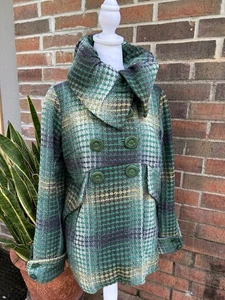 Joit Boucle Green & Cream Textured Lined Pea Coat Wool Classic Vintage Look Med - Picture 1 of 12