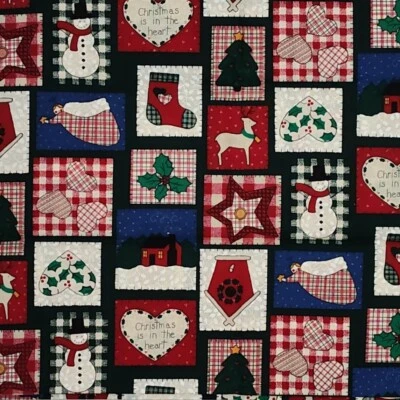 1 yd Vtg "Christmas is in Heart" Primitive Patchwork Multicolor Cotton Fabric - Image 1 of 4