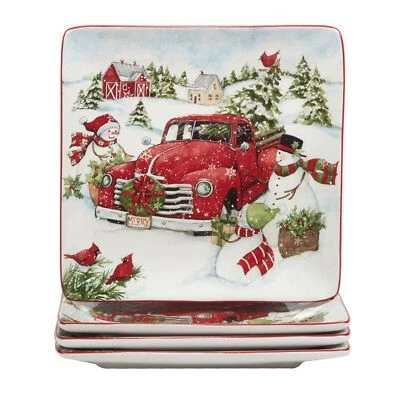 Juego de 4 platos de cena Red Truck Snowman 10,25" multicolor blanco vacaciones informales Foto 1 de 4