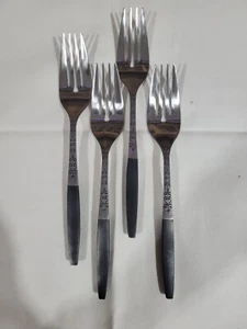 4 INTERPUR Salad Forks Canoe Muffin Heart Faux Wood Black Handles Stainless MCM - Picture 1 of 6