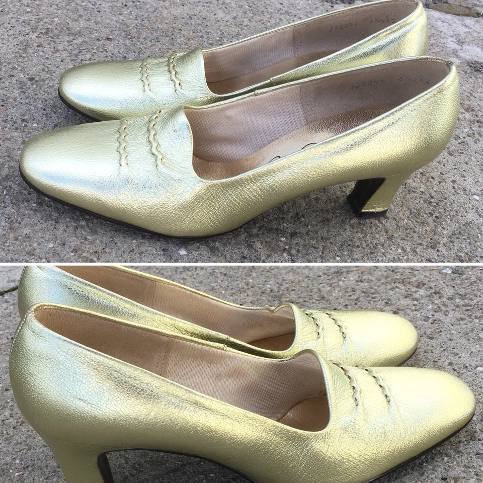 Zapatos Vintage Cruz Roja Cuero Dorado Superior Metálico Mod 6 1/2 A/AAA Foto 1 de 4