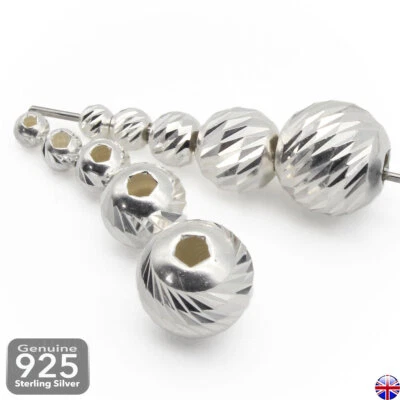Sterling Silver BEADS for Jewellery Making Shiny Round Multi Diamond Cut Spacer - Image 1 of 4