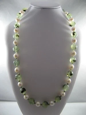 Collana Donna PREHNITE Naturale e PERLE Coltivate , Lunga cm.65 ,Ch. Argento 925 - Immagine 1 di 4