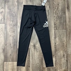 Adidas Girls Black Leggings Side Logo Black Silver Size L/14 - Picture 1 of 6
