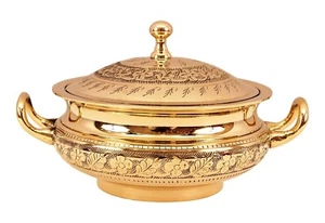 Brass Mughlai Embossed Casserole with Lid 775ML Serving Bowl For Home Restaurant - Picture 1 of 3