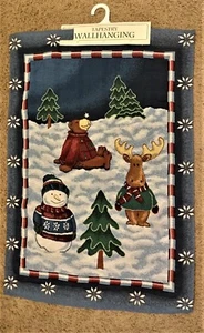 TAPESTRY WALL HANGING Winter Play Snowman Moose Snow Bear Trees 25X36" - Picture 1 of 11
