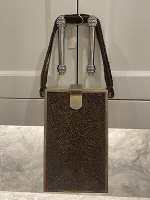 Потрясающая винтажная сумка для подиума коричневые карнавальные стеклянные бусины с кошельком для монет и зеркалом - Изображение 1 из 4