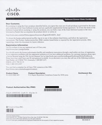 Cisco License FL-4330-HSEC-K9 new original Worldwide - Image 1 of 3