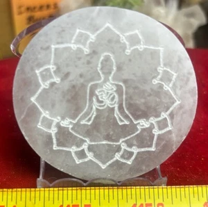 Selenite Charging Plate 2 1/2” With Yoga Pose Symbol - Picture 1 of 5