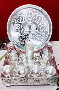 Germán silver pooja thali set with big stool for house warming pooja party