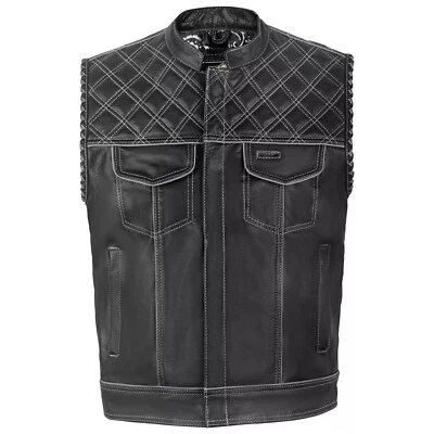 Colete Masculino de Couro Preto Diamante Moto Colete Oculto Branco - Imagem 1 de 4